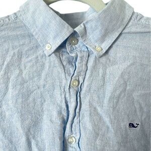 Vineyard‎ Vines Blue White Pinstriped Linen Cotton Whale Shirt XL